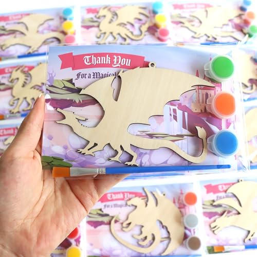 BOIKOKY 12 Pack Dragon Party Favors for Kids – Individually Wrapped Paint-Your-Own Wooden Hanging Crafts with Paints, Perfect for Fantasy Parties & Classroom Activities