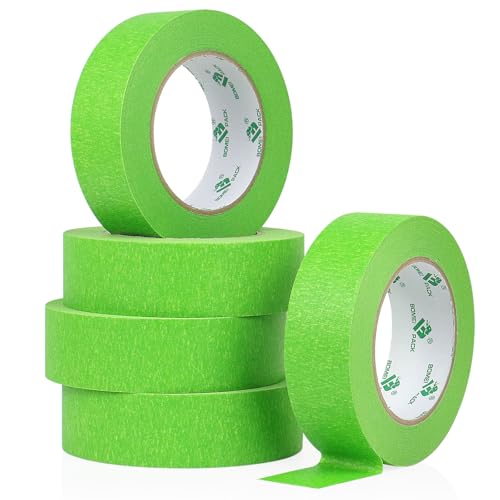 BOMEI PACK 5Rolls Green Masking Tape 36mm x 55yds, General Purpose Thin Green Painters Tape for Painting, Labeling, DIY Crafting, Decoration and School Projects, Total 275yds