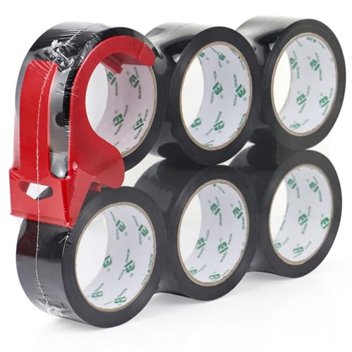 BOMEI PACK 6 Rolls Black Heavy Duty Packing Tape with red Dispenser, Packaging Tape 1.88 Inches x 60Yards, 2.5mil Industrial Shipping Tape for Moving Shipping, Office & Storage
