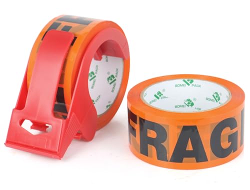 BOMEI PACK Fragile Tape 1.88 Inch x 180 Feet (60 Yards) 2 Rolls, Fragiles Tape Handle with Care for Shipping with Dispenser, Heavy Duty Marking Tape for Moving Box