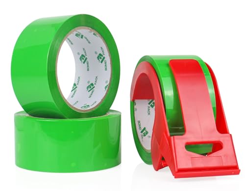 BOMEI PACK Heavy Duty Green Package Tape,3 Rolls with refillable Dispenser,Colored Packaging Tape 1.88 Inches x 60 Yards,Industrial Grade Boxes Shipping Tape for Moving,Mailing and Storages
