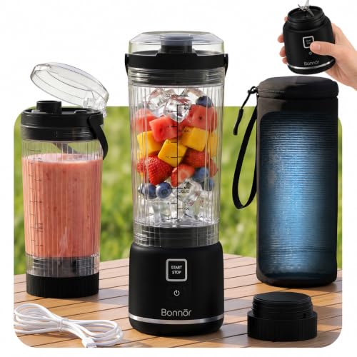Bonnor Cordless Portable Blender for Smoothies, Shakes and Ice Crushing | 2 x 22 oz Cups, 100W Motor, 6 Blades, USB Rechargeable, Leakproof with 12-Hour Insulated Bag for Gym, Office and Travel