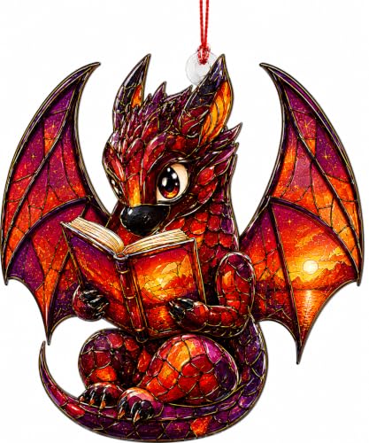 Book Dragon Ornament, Cute Reading Dragon Ornament, Gifts for Book Lovers, Fantasy Gifts for Women Men, Acrylic Suncatcher Hanging Decor, Bookworm Gifts, Christmas Reader Home Decoration