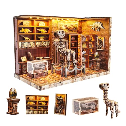 Book Nook Kit - DIY Miniature House Kit for Adults and Teens, 3D Wooden Puzzle Book Nook Craft Bookshelf Decor, Gifts for Birthday Father's Day, Dinosaur Research Institute
