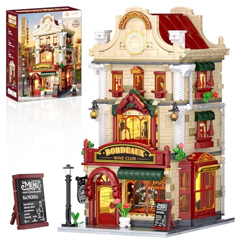 Bordeaux Wine Club Construction Building Set with LED Lights, City Town Winery Chateau House Building Kit, Vintage Collectible Model, Creative Christmas Birthday Gift for Adult Teen,1524 Pcs