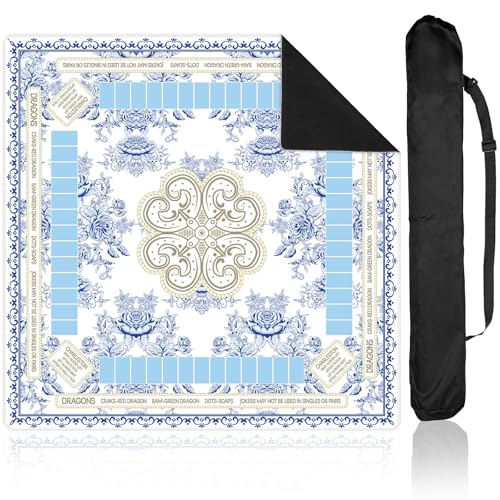 Bornerwhite Chinoiserie Mahjong Mat with Black Carrying Bag 31.5 x 31.5 Inches Multi Purpose Game Table Cover Anti Slip and Noise Reduction for Mahjong Poker Board Card Dominoes Games(Blue)
