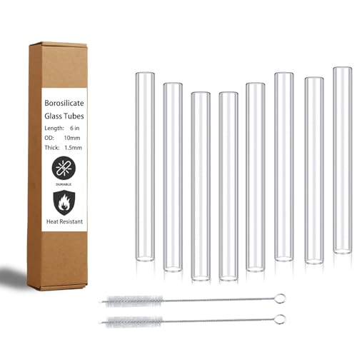 Borosilicate Glass Tubes 6 Inch 10mm - Thick Wall Transparent Glass Blowing Tubes Temperature Resistant - Beginners Starter Kit - 8pcs + 2 Brushes - Crafting, Chemistry, Making Signs