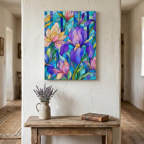 Botanical Flowers Wood Canvas Wall Art,Wall Decor for Bedroom Living Room Dining,Stained Glass Traditional Chic Pattern Canvas Prints Artwork Ready to Hang Home Decor,Housewarming Gift 18''x24''