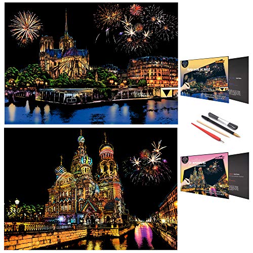 BOTEEN Scratch Rainbow Painting Art Paper,Scratch & Sketch Art for Adults,Scratch Painting Creative Gift Engraving Art & Craft Set,Sketch Pad DIY Scratchboard with 4 Tools,16''x11''(European Series)