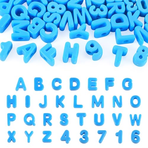 Boutigem 36Pcs Acrylic Number Letter Beads Capital Letters Large Hole European Beads Deep Sky Blue Plastic Slide Large Number 0-9 Alphabet Blocks for DIY Keychain Hang Ornaments Jewelry Making