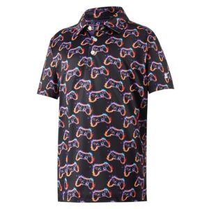 Boys Polo Shirts Performance Dry Fit Kids Polo Shirts for Boys, Neon Flame Game Controller Print Boy's Golf Polos Short Sleeve Casual Collared Golf Shirts for Boy, 10-12 Years