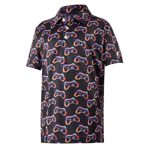 Boys Polo Shirts Performance Dry Fit Kids Polo Shirts for Boys, Neon Flame Game Controller Print Boy's Golf Polos Short Sleeve Casual Collared Golf Shirts for Boy, 10-12 Years