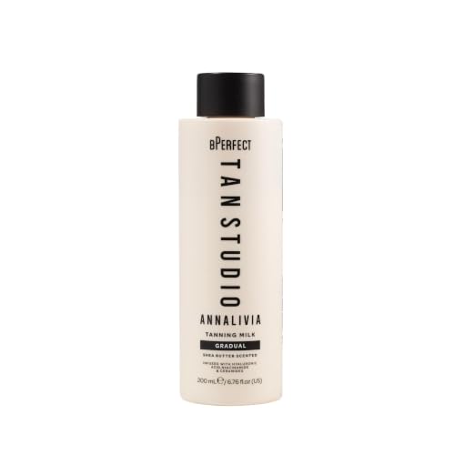 BPerfect Cosmetics Tan Studio x Annalivia Gradual Tanning Milk, Hydrating Self Tanner for Body, Natural Golden Olive Glow, Ceramides, Niacinamide, Shea Butter & Hyaluronic Acid, 200ml