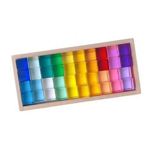BreezeTrading Acrylic Sensory Blocks Transparent Cube Toy Block Piece Wooden Tray Polished Resin Display Neat Structure Suitable for Home Decoration Desk Table, Translucent Combination 5