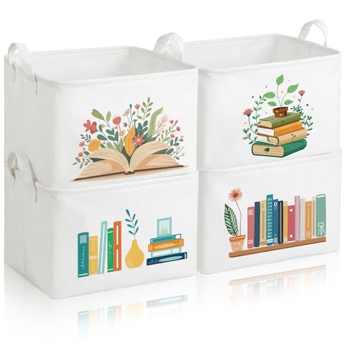 Breling 4 Pcs Book Lover Gifts Book Baskets Books Storage Bins with Handles Books Return Baskets Large Collapsible Storage Bin Box for Graduation Gift Shelf Home Office Library, 15 x 10 x 8 in
