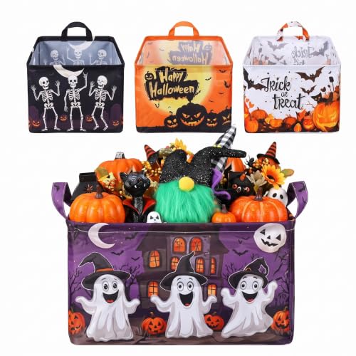 Breling 4 Pcs Halloween Baskets Boo Basket Gift Pumpkin Skull Ghost Baskets with Handles Large Collapsible Storage Bins Boxes for Trick or Treat Gifts Laundry Shelves Home Storage, 15 x 10 x 8 in