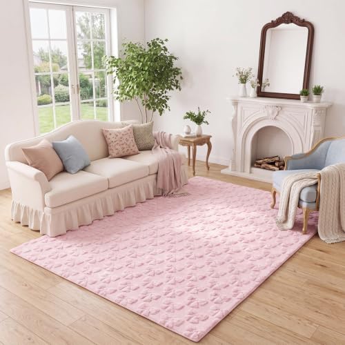 Breling 5x7 ft Pink Bow Square Rugs for Bedroom Nursery Rugs for Living Room with Soft Low Pile Cute Washable Rug Area Rug for Woman Nursery Living Room Playroom Coquette Decor Dorms Home Aesthetic