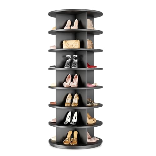 BrFoYu Rotating Shoe Rack 7 Tier Spinning Shoes Organizer Tower for 28-32 Pairs Lazy Susan 360 Revolving Shoe Storage Cabinet Rotate Shoe Handbag Rack Round Carousel for Closet, Bedroom (Black)