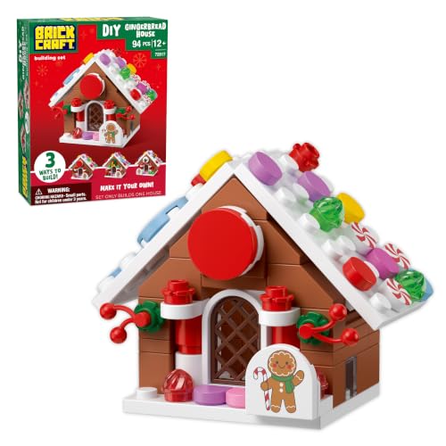 Brickcraft DIY Gingerbread House Building Kit (94-Piece Set), No-Bake Christmas Decoration, Rebuildable 3 Ways with Gingerbread Man, Holiday Building Set for Teens and Adults, Ages 12+