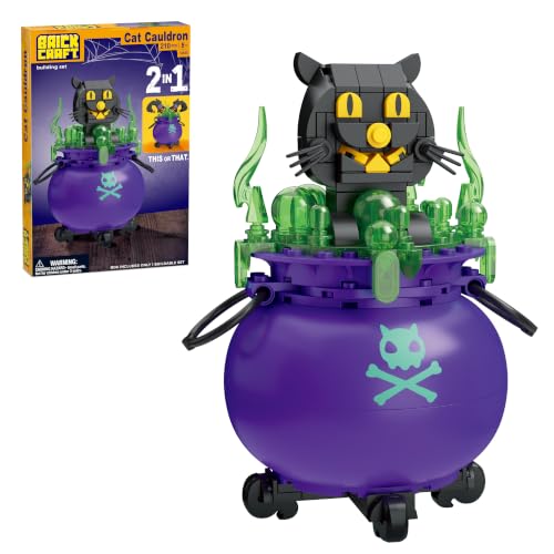 Brickcraft Halloween Cat Cauldron Building Kit (210 Pieces), 2-in-1 Black Cat and Witch Cauldron Build, Spooky Decor Collectible Gift