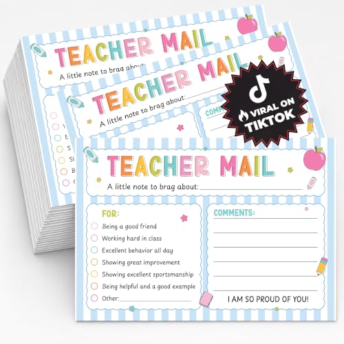 BrightenKidz 50 Pcs Teacher Mail Notes to Parents, Bold Stripes Happy Mail Teacher Postcards for Students, Classroom Incentives Motivational Brag Cards, Preschool Kindergarten Elementary 4x6