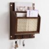 BrightRow Rattan Mail and Key Holder Wall Mounted, Wood Magazine Mail Sorter Rack Wall Organizer with 2 Slots 3 Hooks for Coat, Dog Leash, Decorative Key Rack for Entryway,Living Room (Dark Brown)