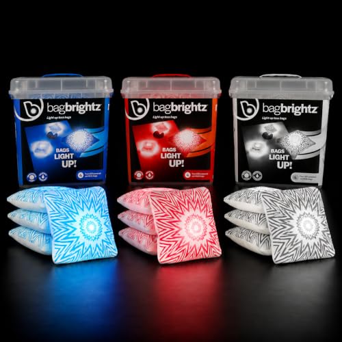 Brightz BagBrightz LED Cornhole Bags Bundle - Blue, Red & White Light Up Bean Bags, 12 Bags Total - Glow in the Dark Cornhole Bags for Night Games, Tailgating & Backyard Parties