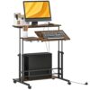 Brilluxa Adjustable Standing Desk, Mobile Sit Stand Workstation with Power Outlets, Tiltable Tabletop, Storage Shelf and Locking Wheels for Home Office, Brown