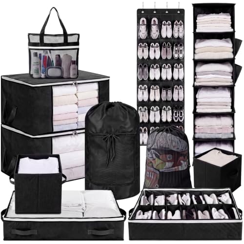 Briwooody 11 Pcs College Dorm Storage Set, Closet Organizer, Over Door Shoe Rack, Under Bed Storage, Laundry Backpack, Shower Caddy and Collapsible Bins for College Students(Black)