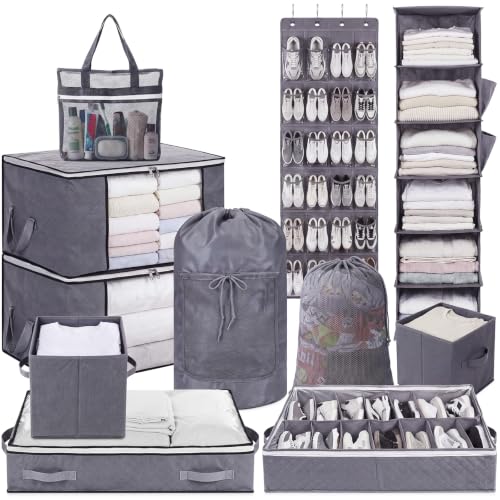 Briwooody 11 Pcs College Dorm Storage Set, Dorm Organizer Kit with Closet Organizer, Over Door Shoe Rack, Under Bed Storage Bags, Laundry Backpack, Shower Caddy, Collapsible Bins(Gray)