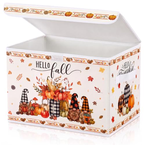 Briwooody Fall Storage Bin with Lid and Carrying Handle Pumpkin Gnome Foldable Storage Box Large Autumn Harvest Decorative Collapsible Container Basket for Organizing Closet Home Bedroom Fall Gifts