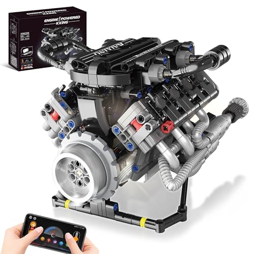BrixVibe V8 Mini Engine Model Kit that Runs Building Sets with Motor, APP Control technic & Light, Car Mechanic Engineering Collectible for Adults Boys 14+