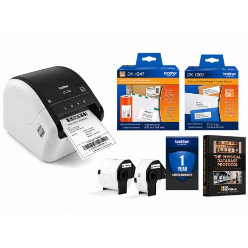 Brother QL-1100 Wide Format Direct Thermal Label Printer Bundle with Deco Essentials eBook + DK-1247 Shipping Labels & DK-1201 Address Labels - USB Shipping & Barcode Label Printer for Business