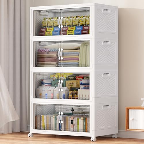 BROVIEW 400QT Extra Large Stackable Storage Bins, 100Gal Clear Plastic Closet Organizer Cabinet with Lid and Wheels, Collapsible Latch Boxes Folding Drawer with Door for Home Kitchen, V20 4Pack White