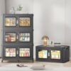 BROVIEW 880Qt Extra Large Stackable Storage Bins with Lids,220Gal Stackable Storage Bins Open Front with Wheels, Plastic Storage Cart Organizer and Storage for Home Kitchen, 4 Packs, Black