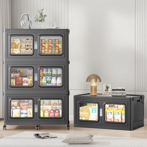 BROVIEW 880Qt Extra Large Stackable Storage Bins with Lids,220Gal Stackable Storage Bins Open Front with Wheels, Plastic Storage Cart Organizer and Storage for Home Kitchen, 4 Packs, Black