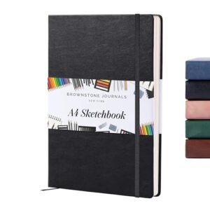 BROWNSTONE JOURNALS A4 Sketch Book Hardcover - 80 Sheets 100 GSM Paper 8.5"x11.5", Lay Flat, Vegan Leather Cover, Elastic Band, Back Pocket, Art Drawing Book (Charcoal Black)