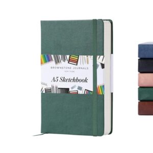 BROWNSTONE JOURNALS A5 Sketch Book Hardcover - 80 Sheets 100 GSM Paper 5"x8", Lay Flat, Vegan Leather Cover, Elastic Band, Back Pocket, Art Drawing Book (Dartmouth Green)