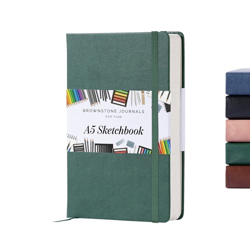 BROWNSTONE JOURNALS A5 Sketch Book Hardcover - 80 Sheets 100 GSM Paper 5"x8", Lay Flat, Vegan Leather Cover, Elastic Band, Back Pocket, Art Drawing Book (Dartmouth Green)