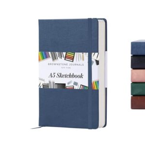 BROWNSTONE JOURNALS A5 Sketch Book Hardcover - 80 Sheets 100 GSM Paper 5"x8", Lay Flat, Vegan Leather Cover, Elastic Band, Back Pocket, Art Drawing Book (Symphony Blue)