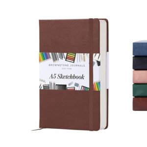BROWNSTONE JOURNALS A5 Sketch Book Hardcover - 80 Sheets 100 GSM Paper 5"x8", Lay Flat, Vegan Leather Cover, Elastic Band, Back Pocket, Art Drawing Book (Chestnut Brown)