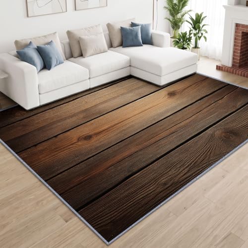 Brown Wood Plank Non-Slip 8x10 ft Area Rugs, Washable Low-Pile Carpet for Living Room, Modern Minimalist Home Decor Rugs for Game Room Classroom Bedroom Dining Office Entryway