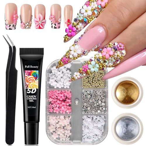 Brtavizvy Nail Jewelry kit 3D Flower Charms with Tweezers,Gold Silver Magic Mirror Powder,10ml Carving Gel,Rhinestones Steel Ball Pearl Design Manicure Art Accessories