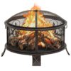 Brushed Rustic Steel XXL Fire Pit with Poker, Large Deep Bowl Outdoor Fireplace for Garden Patio, Mesh Cover with Ring for Safety and Easy Carrying