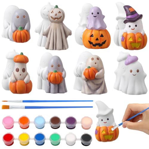 Bucherry 8 Pcs Halloween Plaster Ghost Pumpkin Figurines DIY Painting Kit, Color Your Own 3D Ghost Crafts with 12 Colors Paint and 2 Brushes for Halloween Craft Activity Table Centerpiece Home Decor