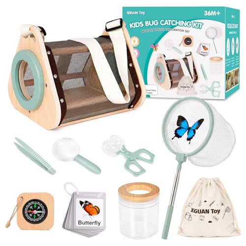 Bug Catcher for Kids, Wooden Bug Catching Outdoor Toys for Ages 4-8, STEM Explorer Activities with Butterfly Net Magnifying Glass Tweezers Insect Habitat Observation Cup Storage Bag Learning Cards