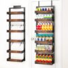 BUKFEN 6-Tier Over the Door Pantry Organizer, 2-in-1 Door Hanging or Wall Mounted Spice Rack with Adjustable Wooden Baskets, Heavy Duty Metal Storage Shelf, 12 Hooks for Kitchen, Bathroom, Closet