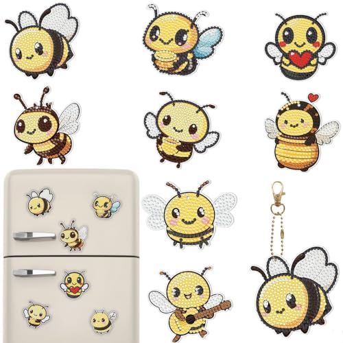 Bulerrylulu 9 Pcs Bee Diamond Painting Magnets Kits Cat Fridge Magnet Stickers Diamond Art Painting Keychains Gem Painting kit for Beginners Adults DIY Art Craft Gifts Home Decors