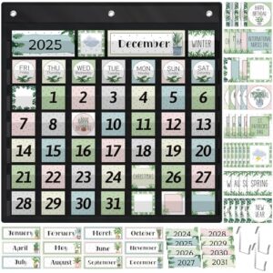 Bulyoou 119 Pcs Classroom Calendar Pocket Chart Black Monthly Bulletin Board Set Seasons Festival Weather Farmhouse Calendar Set for Classroom Decoration Back to School Supplies(Greenery)