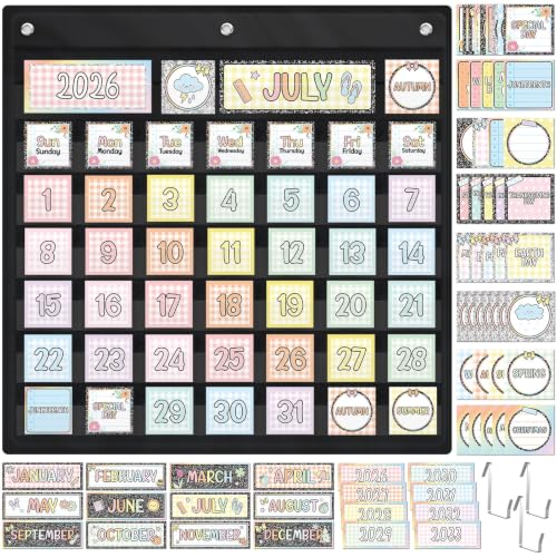 Bulyoou 119 Pcs Classroom Calendar Pocket Chart Black Monthly Bulletin Board Set Seasons Festival Weather Farmhouse Calendar Set for Classroom Decoration Back to School Supplies(Pastel Gingham)